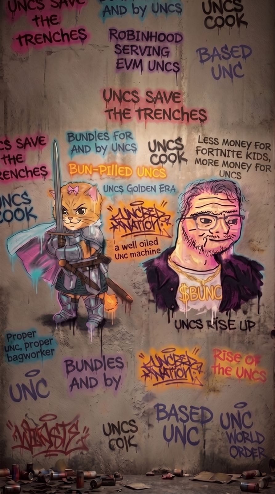 Portrait graffiti wall featuring a sword-wielding cat knight and a BUNC-wearing UNC, surrounded by hand-painted slogans