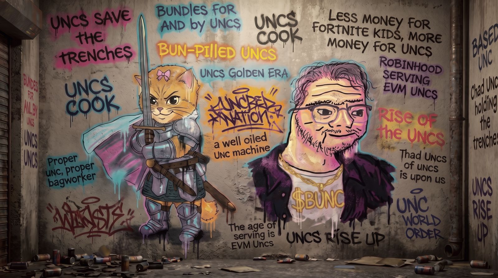 Graffiti-covered wall featuring a sword-wielding cat knight and a BUNC-wearing UNC, surrounded by hand-painted slogans